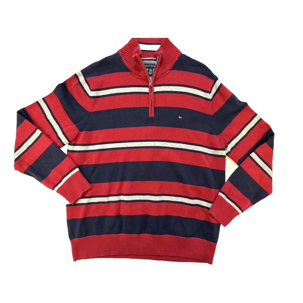Tommy Hilfiger Old Money Sweater Mens XL Red Navy‎ Striped 1/4 Zip Preppy